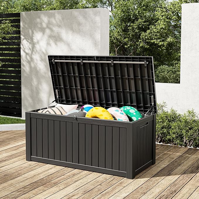 NUNU LAB Outdoor Storage Box,120 Gallon Deck Box,Resin Waterproof Outside Storage Bench,Outdoor Storage Cabinet With Lockable Lid,Backyard Deck Box For Garden Tools,Patio Cushions,Pool Accessories