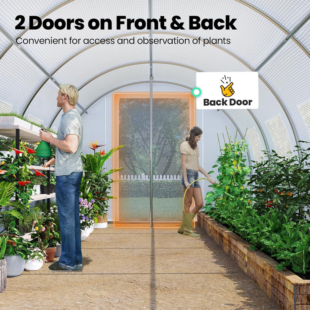 KING BIRD Premium 25x10x6.6FT Greenhouse for Outdoors, Large Walk-in Heavy Duty Galvanized Steel Frame, Mesh Door Screen Window Upgraded Zipper Tunnel Hoop for Garden Plant Winter, White