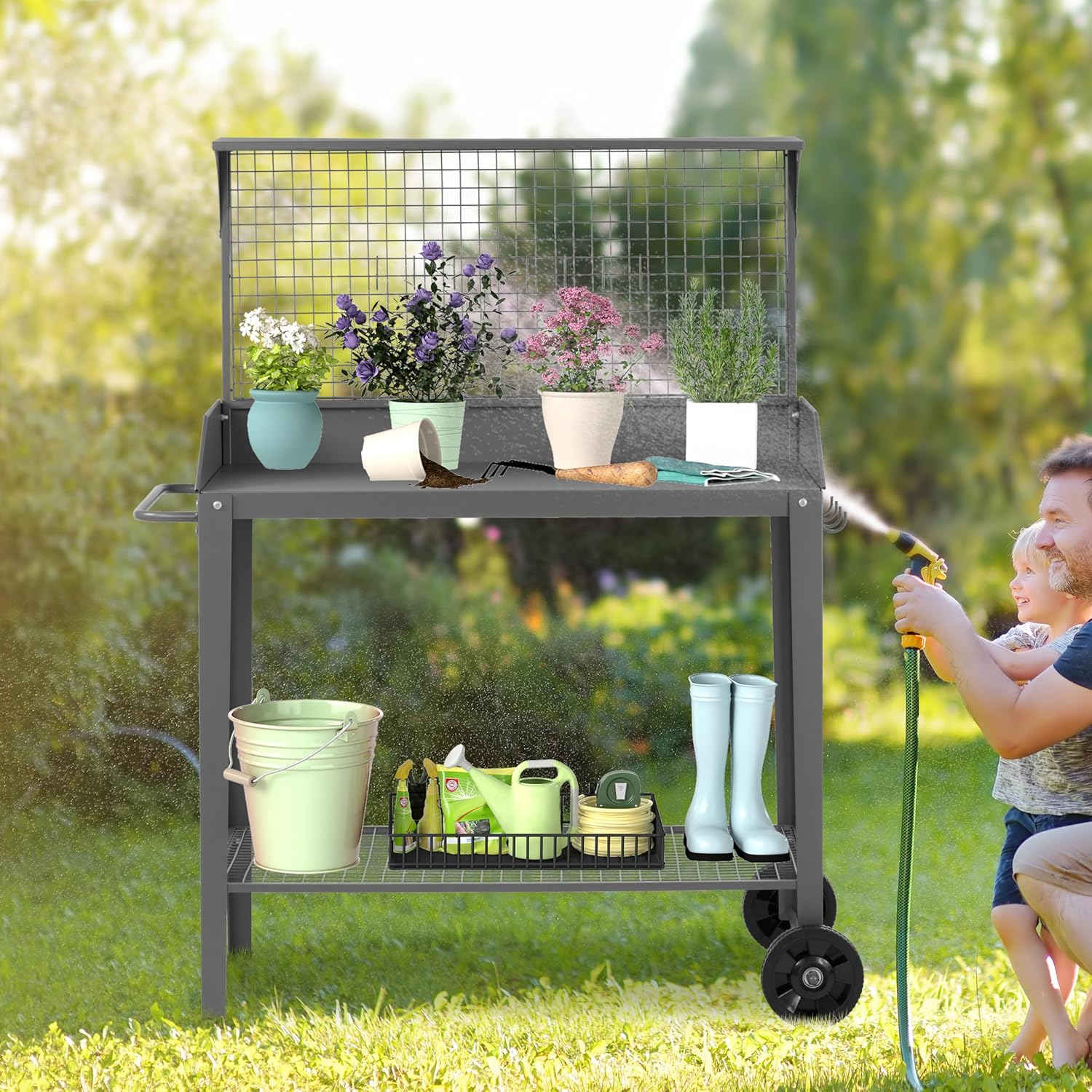 Outdoor Metal Potting Bench with Wheels, Heavy Duty Garden Workbench Table with Storage Shelf (Dark Gray, 52.8"x36.6")