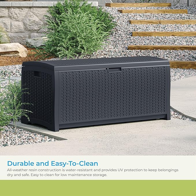 Suncast 73 Gallon Medium Resin Wicker Indoor/Outdoor Storage Box for Garden Tools, Pool Accessories, and Patio Cushions, Cyberspace