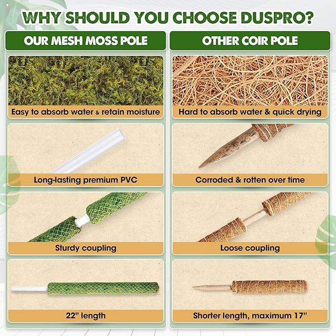 DUSPRO Green Stackable Mesh Moss Pole for Plants Climbing Vine Supporting Monstera Trellis, for Indoor Plants Extendable Plant Pole Moss Sticks, for Plants Monstera Potted Plant Stakes 2 pcs 22''