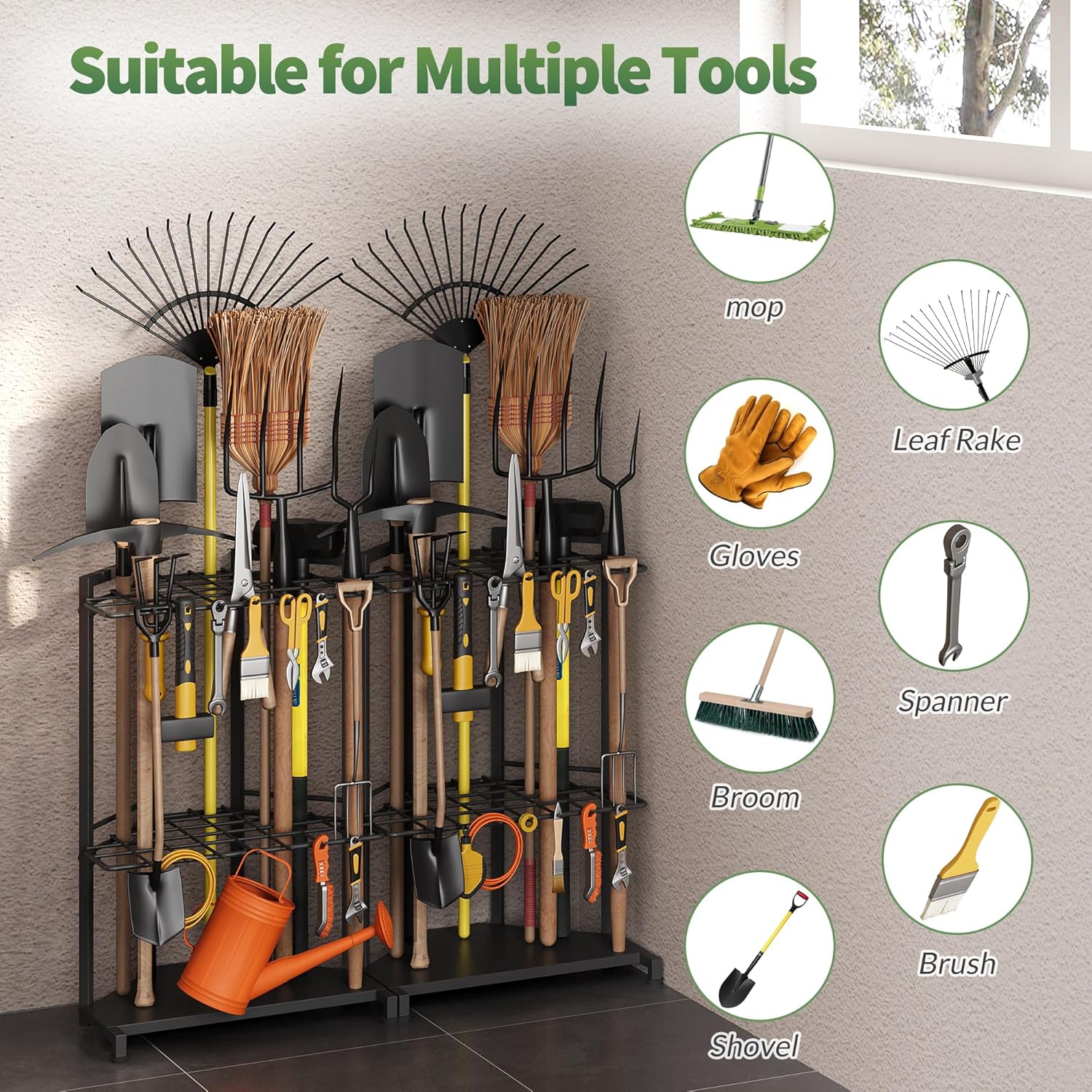 Garden Tool Organizer for Corner - Heavy Duty Metal Rack with 34 Storage Compartments & 14 Hooks for Shovels, Rakes, Long-Handled Tools, Ideal for Garden, Shed, Garage Storage