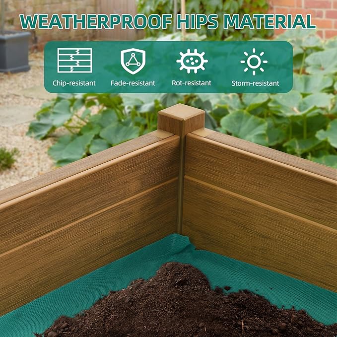 YITAHOME Raised Garden Bed, HIPS Poly Wood Elevated Planter Box with Shelf & Wheels for Mobility, Small Flower Box Stand for Patio Balcony Garden Backyard, Teak