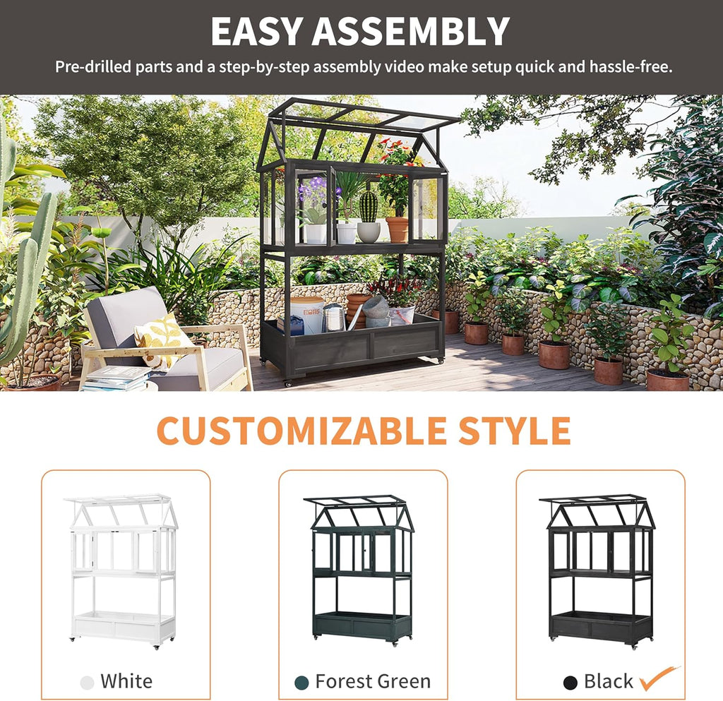 Garden Wood Portable Cold Frame - Mini Greenhouse with Wheels, Open Roof & Storage (Black+ Wood Color + WoodColor)
