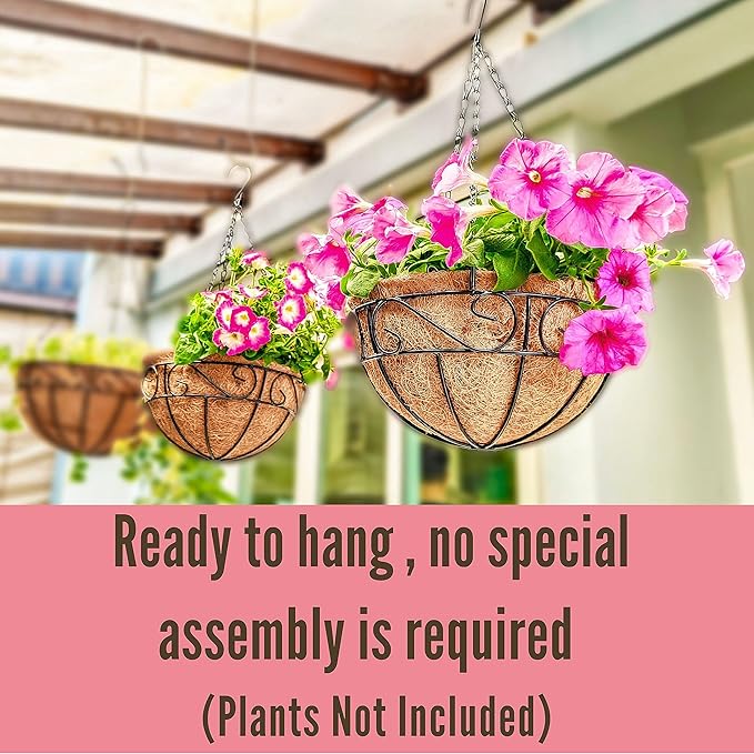LaLaGreen Hanging Planter for Outdoor Plants (2 Pack, 12 Inch) Hanging Baskets with Coco Liner, Metal Wire Flower Basket Pots with Hook Hanger Balcony Porch Farmhouse Country Style Garden Decor