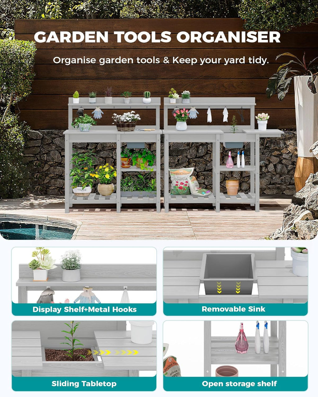SERWALL Potting Bench Set of 2 Outdoor Potting Table with Sink, HDPE Potting Benches for Outside Gardening Table All Weather Use- Spanish Gray