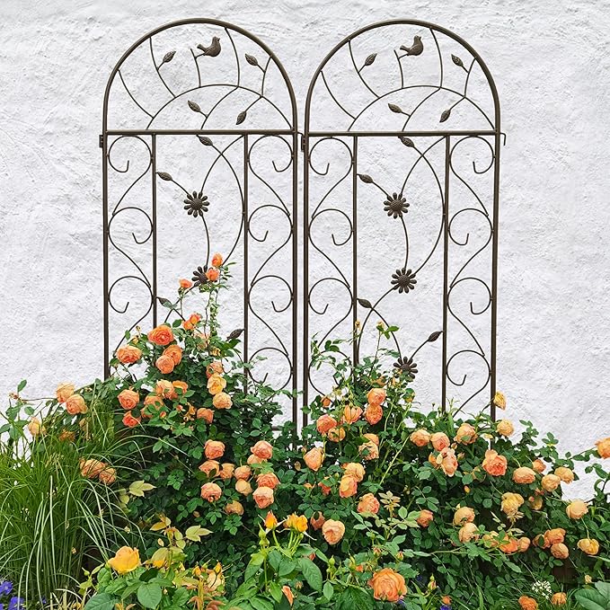 Metal Garden Trellis Rustproof Trellis for Climbing Plants Outdoor Flower Support Bird Deco (Brown-4 Pack, 86.7"x19.7")