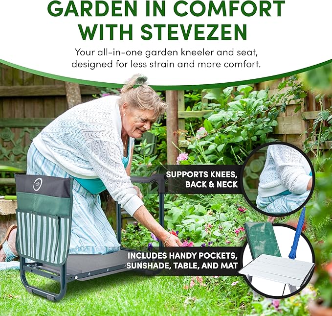 Garden Kneeler Seat Bench, Garden Kneeling Bench with Sunshade Umbrella, Ergonomic Handles, Folding Table, and Potting Mat, 10.2" Foam Knee Seat, Loading Capacity 330 Lbs