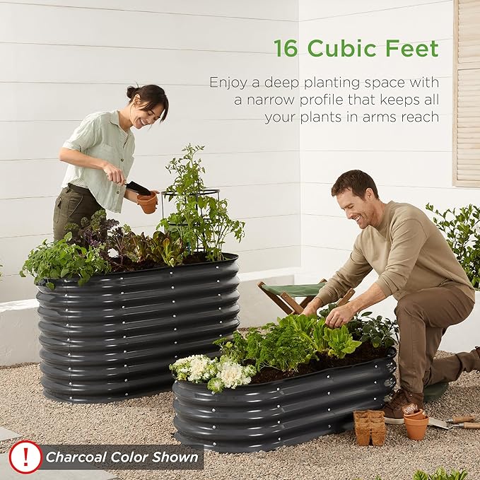 Best Choice Products 4x2x2ft Outdoor Metal Raised Garden Bed, Oval Deep Root Planter Box for Vegetables, Flowers, Herbs, and Succulents w/ 101 Gallon Capacity, Rubber Edge Guard - Taupe