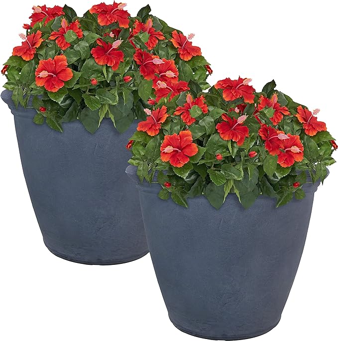 Sunnydaze 20-Inch Anjelica Large Plastic Pot for Plants - Outdoor Polyresin Round Planter with Drillable Drainage Holes - Slate - 2pk