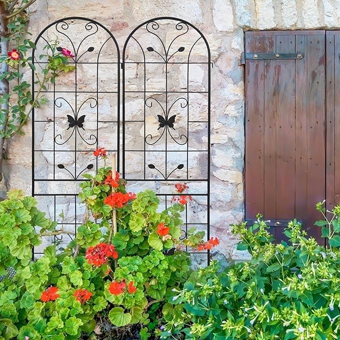 2 Pack Metal Garden Trellis 86.7" Black Fence Rustproof Garden Trellis for Climbing Plants Support Roses Flower Outdoor Lawn, Black