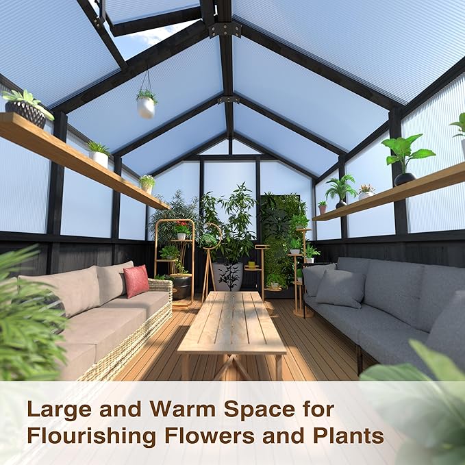 6x12 FT Greenhouse Kit for Outdoor, Thickened Polycarbonate Panel Wooden Walk-in Green House with Lockable Door and Adjustable Roof Vent, Backyard Garden, Black
