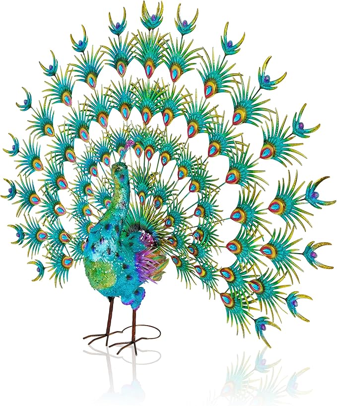 Alpine Corporation HEH376 Jumbo Sized Iron Majestic Peacock Decor, Elegant Garden & Patio Bird Statue, 55" H, Green