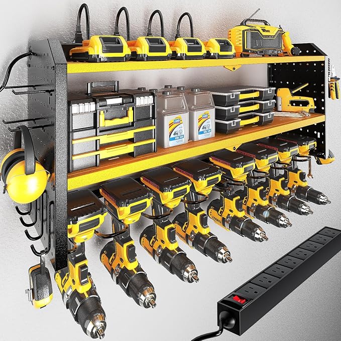 KAFAHOM Power Tool Organizer with Charging Station, Built in 8 Outlet Power Strip,Large 8 Drill Holder Wall Mount, Heavy Duty Metal Power Tool Storage Rack Tool Shelf for Garage Organization Yellow