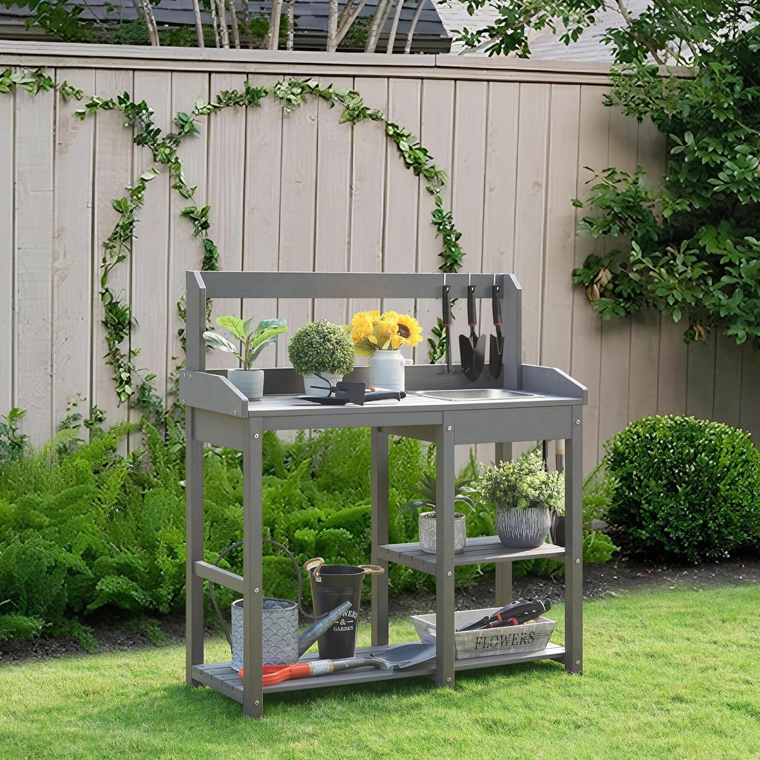 Psilvam Outdoor Potting Bench with Sink for All-Weather Gardens, HDPE Potting Benches for Outside, Planting Table for Garden, Patio and Lawn (Grey)