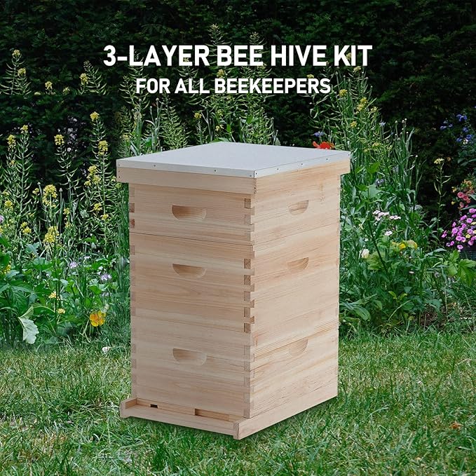 CREWORKS Bee Hive Boxes Starter Kit, 3 Layer Bee House Langstroth Beehive for Bees Keeping, Beekeeping Supplies with Plastic Queen Excluder and Nails (10 Medium and 20 Deep Frames)