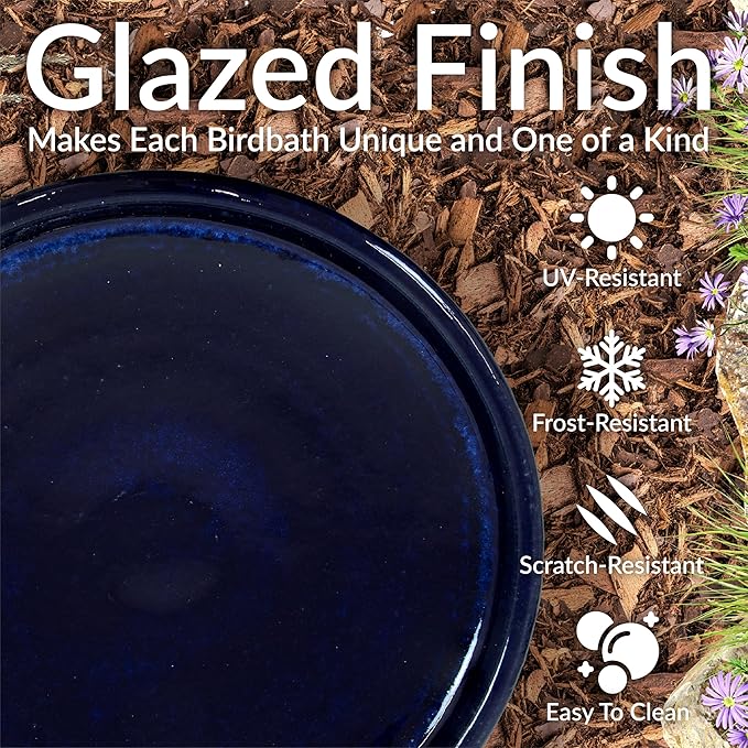 Sunnydaze 21" H Ceramic Bird Bath for Outside - Hand-Painted Outdoor Bird Bath Bowl, UV/Frost-Resistant Finish - Dark Blue - Cut Out Pedestal