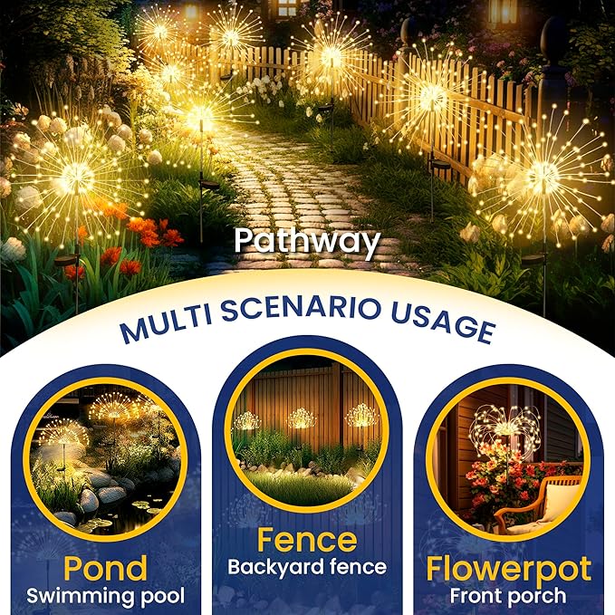 GIGALUMI Garden Outdoor Decor Lights 120LED 4Pack, Solar Garden Lights for Yard Outside Fairy Decorative,Solar Powered for Yard Pathway Flowerbed Planter Balcony Patio Decor（Warm White）