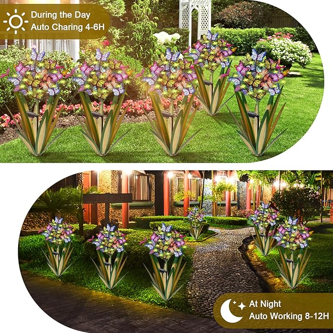 Solar Metal Agave Butterfly Flower Stick Garden Sculpture - Outdoor Gift, Christmas Lights, Swaying Butterfly, Sunflower - Solar Outdoor Statues (3 PCS Light Green)