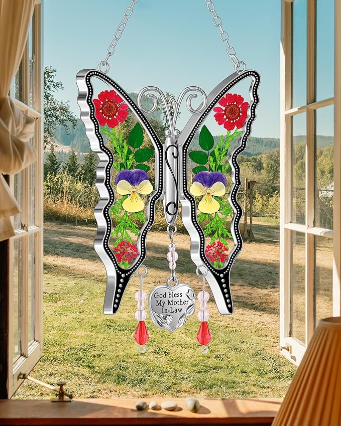 KY&BOSAM Butterfly Suncatcher God Bless My Mother-in-Law Gift Stain Glass Suncatchers for Window Hanging Wind Chime Home Ornament Mom Gift for Mother`s Day Valentine's Birthday Thanksgiving Christmas