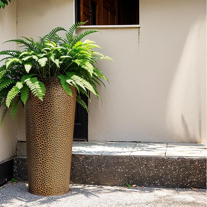 KOL 28" H. Tall Metal Cone Planters with Inner Pots 2-Pack, Bronze Hand-Hammered Large Decor Planter for Deck, Patio, Porch - Handcrafted Flower Pot - with Water Level Indicator - Indoor Outdoor Use