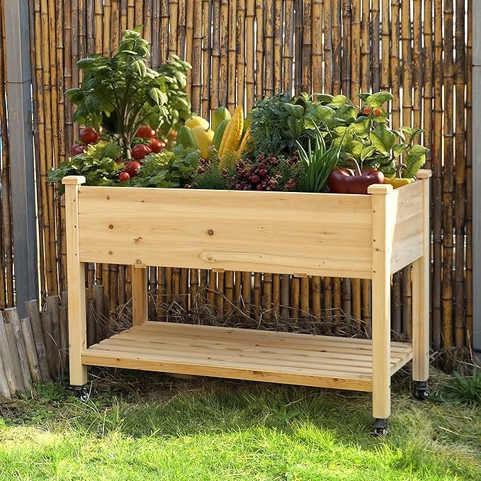 MUPATER 4x2FT Raised Garden Bed, Planter Box with Four Wheels and Legs for Herbs and Vegetables, Elevated Garden Bed with Drainage Holes for Outdoor Indoor, Natural Wood