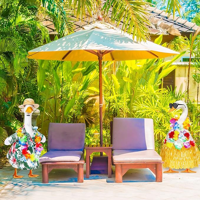 2 Set Hawaiian Luau Porch Goose Outfit for Lawn 23'' Plastic Goose Clothes Costume Summer Outdoor Decor(Hula Skirt)