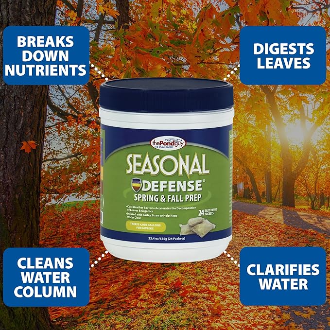 The Pond Guy Seasonal Defense, Spring & Fall Beneficial Bacteria, Barley & Enzymes, Cold Water Pond Sludge & Scum Treatment, Fish & Plant Safe, 96 Packets