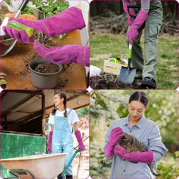 HANDLANDY Ladies Thorn Proof Gardening Gloves, Long Gauntlet Heavy Duty Garden Gloves, Elbow Length Women Leather Rose Pruning Glove (Large, Rosy)