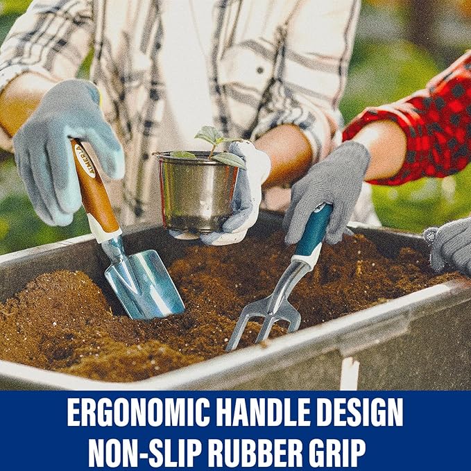 Gardening Tools Set of 9 Heavy Duty Garden Tools with Non-Slip Rubber Grip with Large Garden Bag, Durable for Garden, Weeding, Gifts for Women,Men