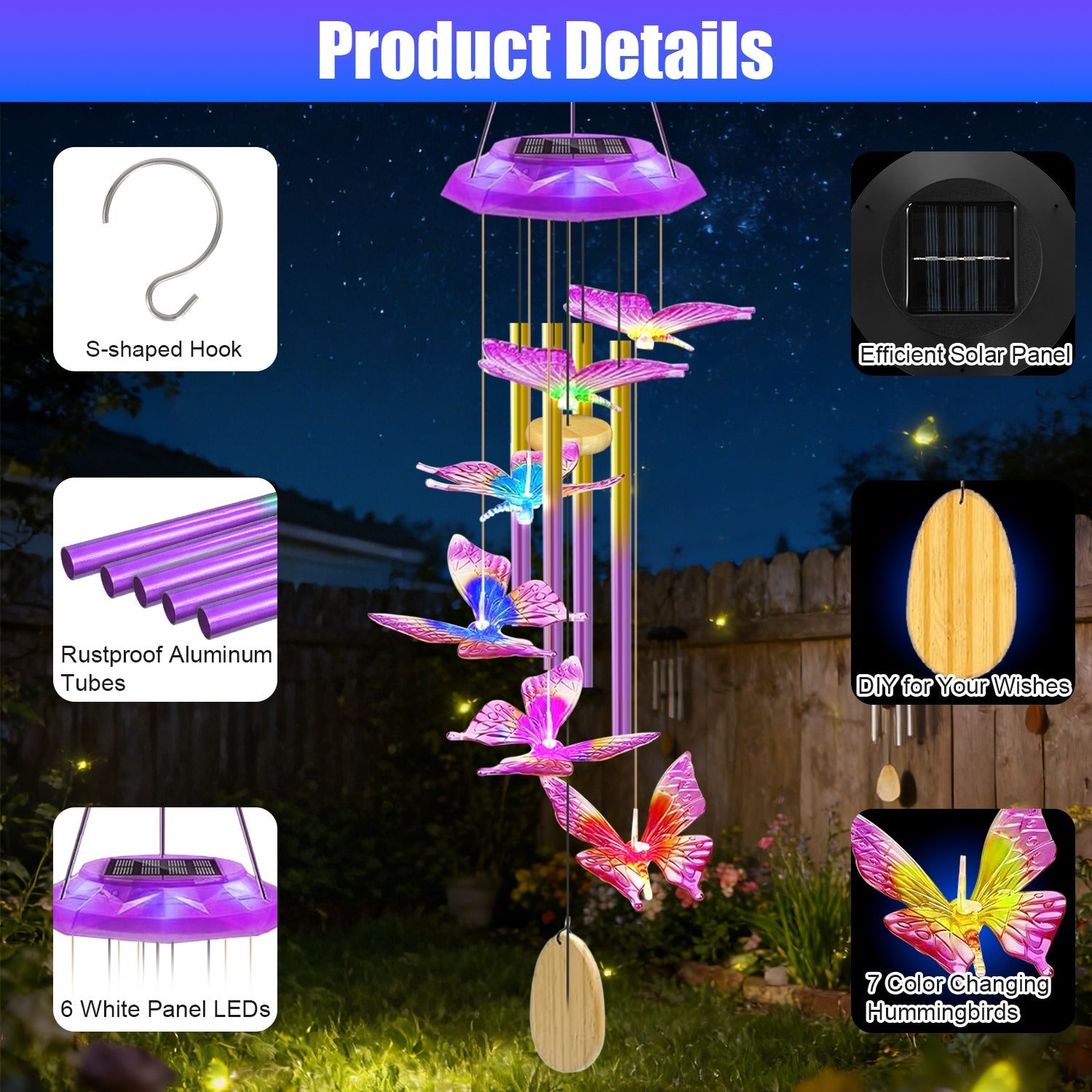 Solar Butterfly Wind Chime with Aluminum Tubes 7 Color Changing Wind Chime for Outside IP44 Waterproof Outdoor Garden Yard Decor