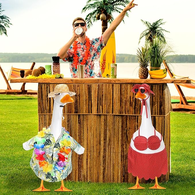 2 Set Hawaiian Luau Porch Goose Outfit for Lawn 23'' Plastic Goose Clothes Costume Summer Outdoor Decor(Dot Bikini)