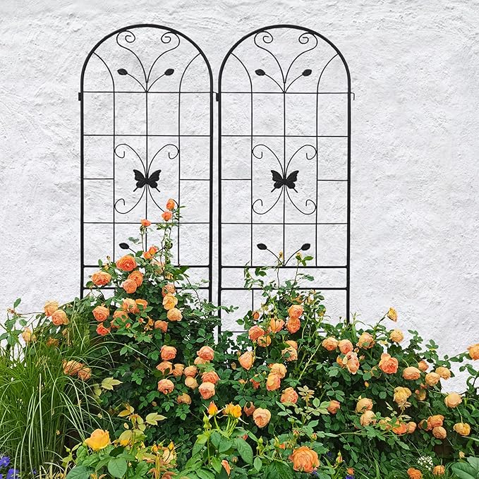 2 Pack Metal Garden Trellis 86.7" Black Fence Rustproof Garden Trellis for Climbing Plants Support Roses Flower Outdoor Lawn, Black