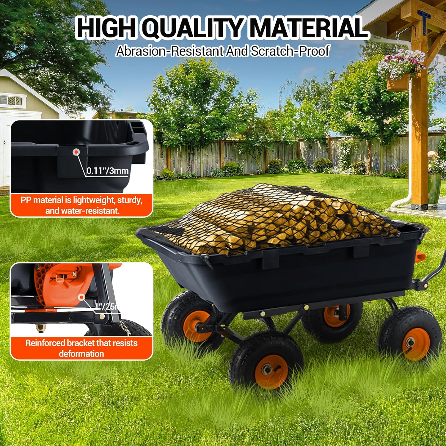Garvee 800 lbs Poly Garden Dump Cart, Heavy-Duty Wheelbarrow with 10-Inch Tires, 180° Rotating Handle, Steel Frame and Quick Release System Garden Dump Cart for Soil Plants Gardening Tools Wood