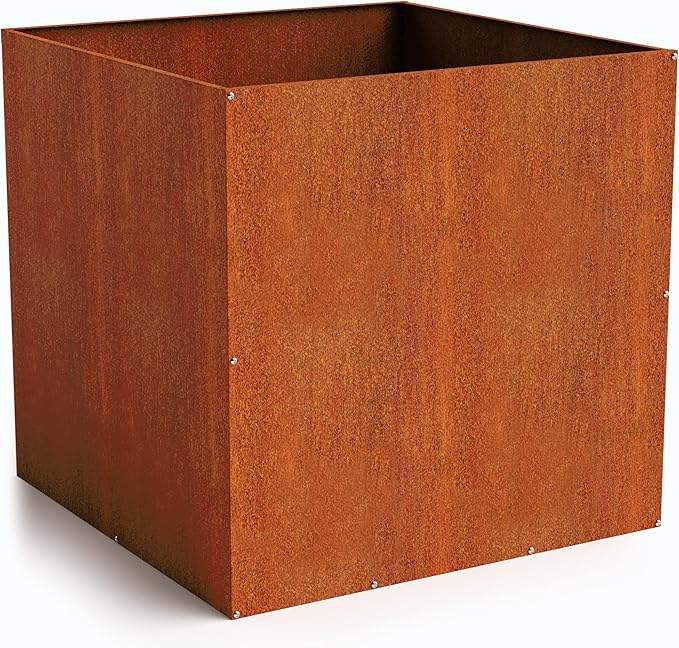 DIY CARTEL Corten Steel Cube Outdoor Planter Box, Rustic & Modern Farmhouse Design, Large Raised Metal Garden Bed for Commercial & Residential Use