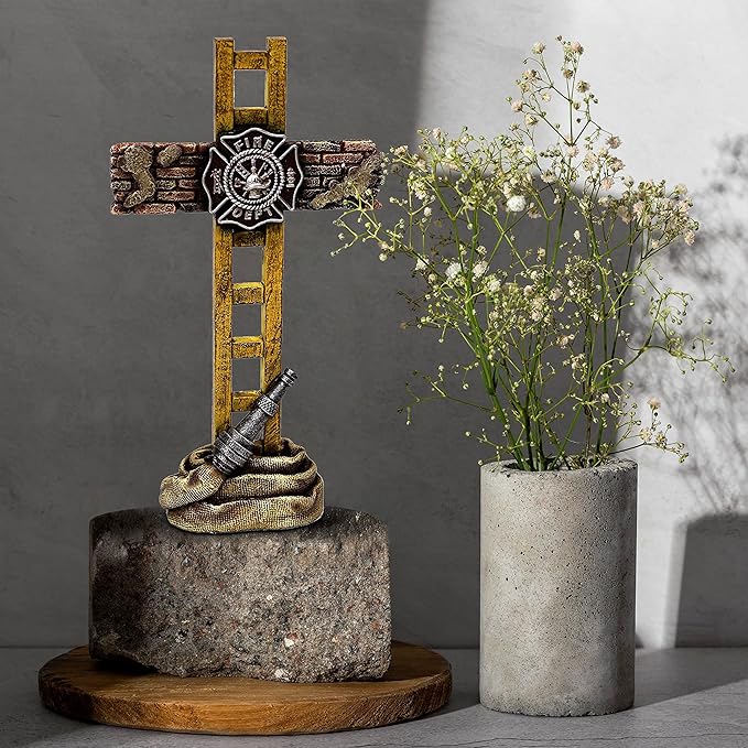 Firefighter Accessories, Fireman Standing Cross Statue Memorial 10", Fire Fighter Gifts