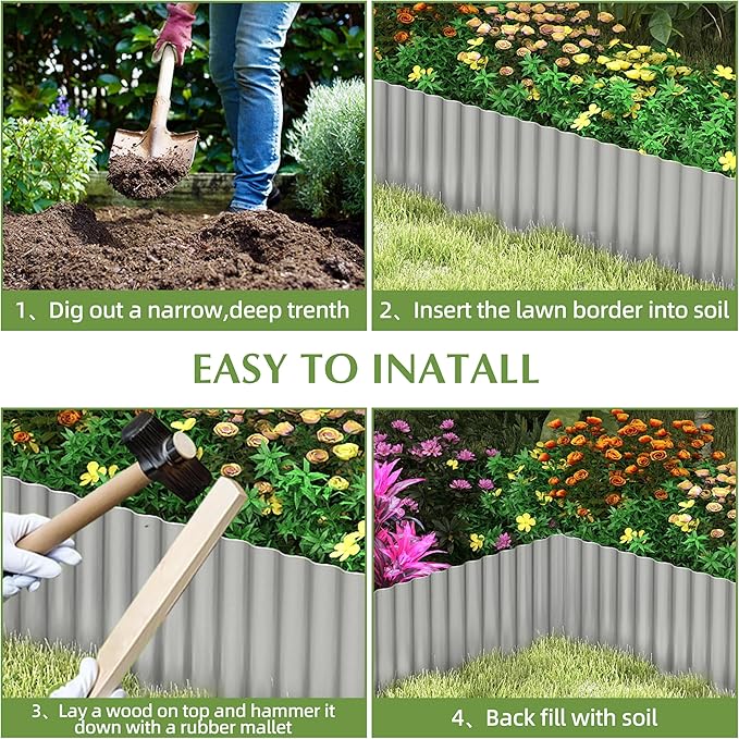 Metal Garden Edging Border, Corrugated Steel Landscaping, DIY for Lawn (Silver, 8 Inch x 20FT)