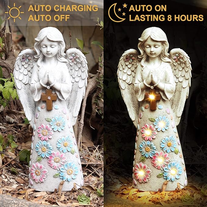 Angel Garden Figurine Outdoor Statue, Solar Garden Sculpture with 7 LEDs Welcome Sign Resin Praying Angel Art Decor for Patio Lawn Yard Porch Decoration, Housewarming Gift