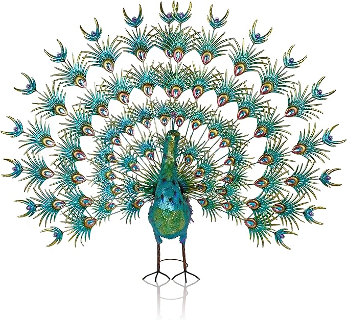 Alpine Corporation HEH376 Jumbo Sized Iron Majestic Peacock Decor, Elegant Garden & Patio Bird Statue, 55" H, Green