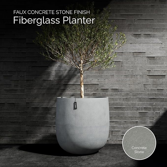 Mondo Large Planter – Concrete Stone Finish – Fiberglass Indoor/Outdoor and Weather-Resistant Round Planter (39.4" D x 40" H Exterior, 37.8" D x 39.4" H Interior)