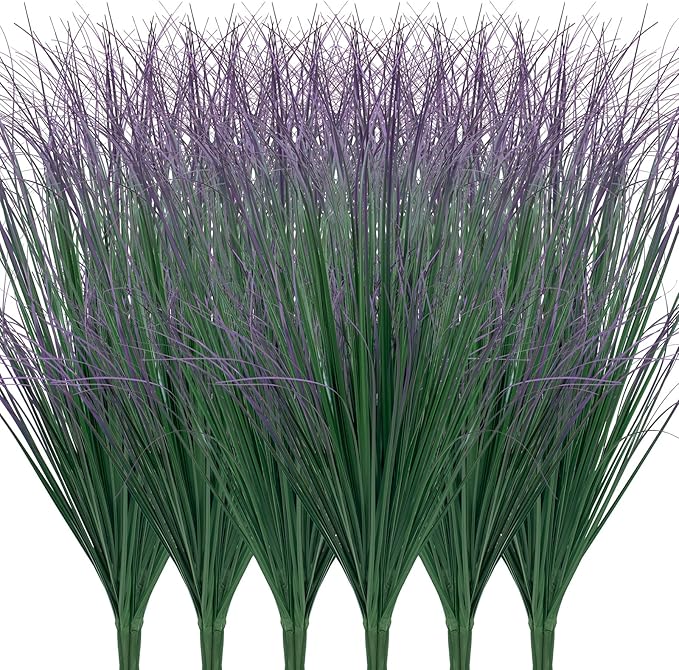 24Pcs Artificial Grass Plants, Faux Shrubs Wheat Grass, Artificial Tall Grass Fake Plants for Outdoor Decor,Artificial Greenery Stems Weed for Room Indoor Home Decor（Green Purple Tail）