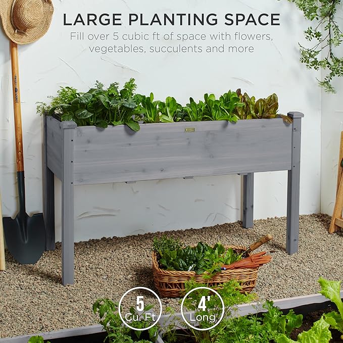 Best Choice Products 48x24x30in Raised Garden Bed, Elevated Wooden Planter for Backyard w/Foot Caps, Bed Liner, 200 lbs Capacity - Gray