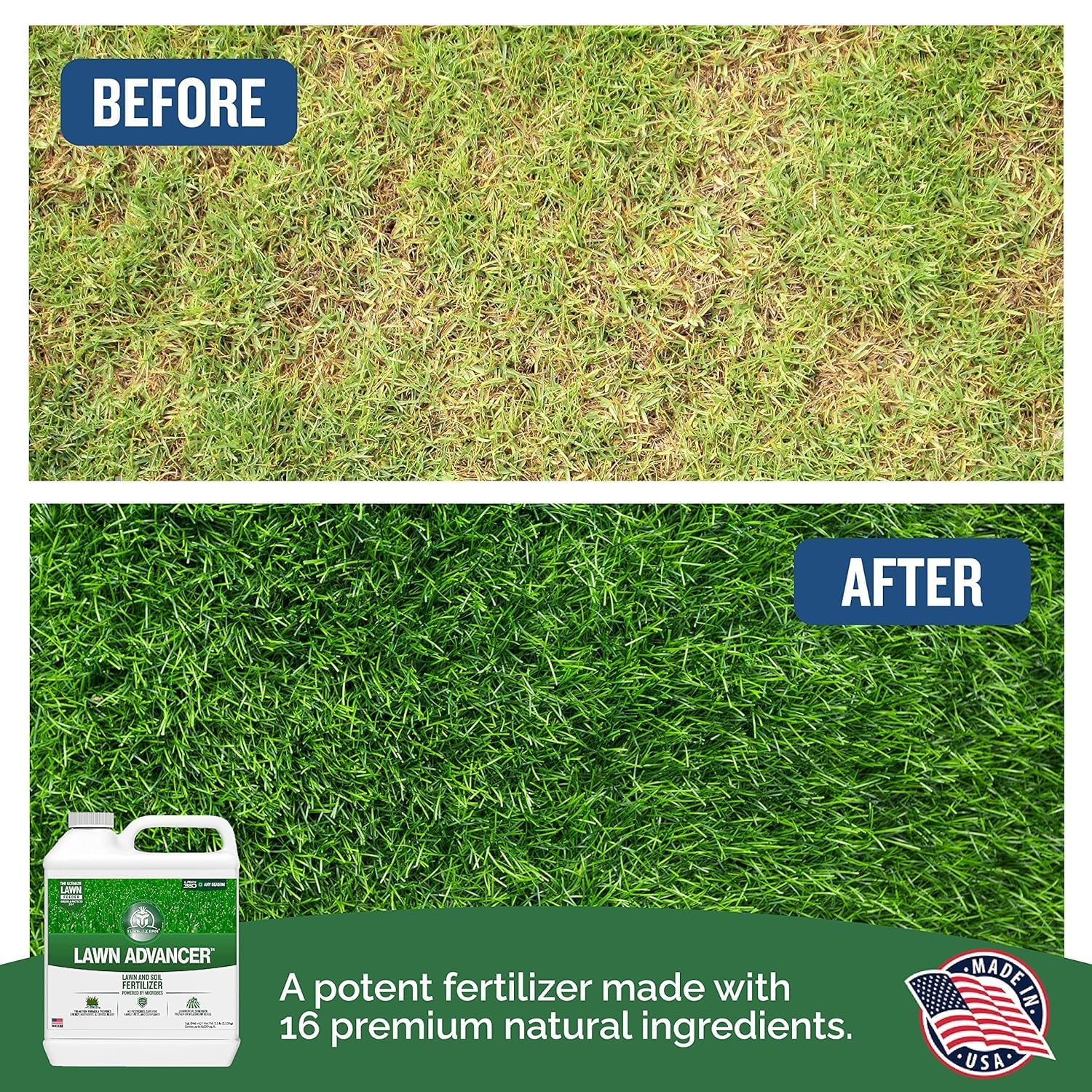 Turf Titan Lawn Advancer – Green Lawn Booster and Lawn Fertilizer (1 Gallon) – Fast Acting Grass Fertilizer w/Tri-Action Formula – Fertilizer Concentrate for Grass Growth - Covers up to 32,000 Sq Ft