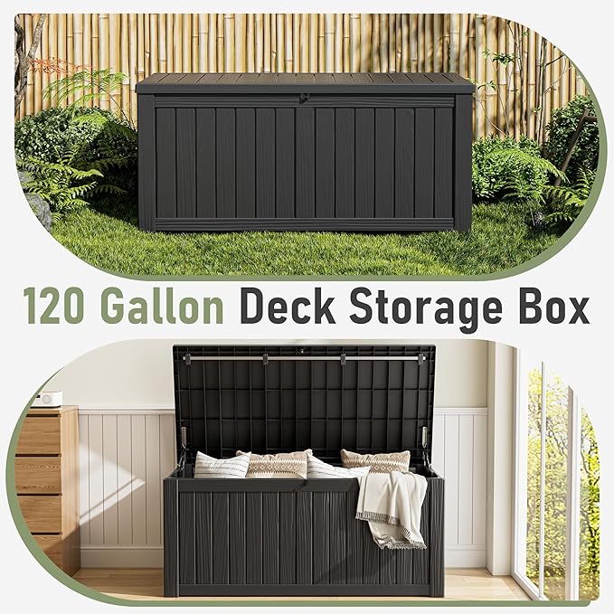NUNU LAB Outdoor Storage Box,120 Gallon Deck Box,Resin Waterproof Outside Storage Bench,Outdoor Storage Cabinet With Lockable Lid,Backyard Deck Box For Garden Tools,Patio Cushions,Pool Accessories