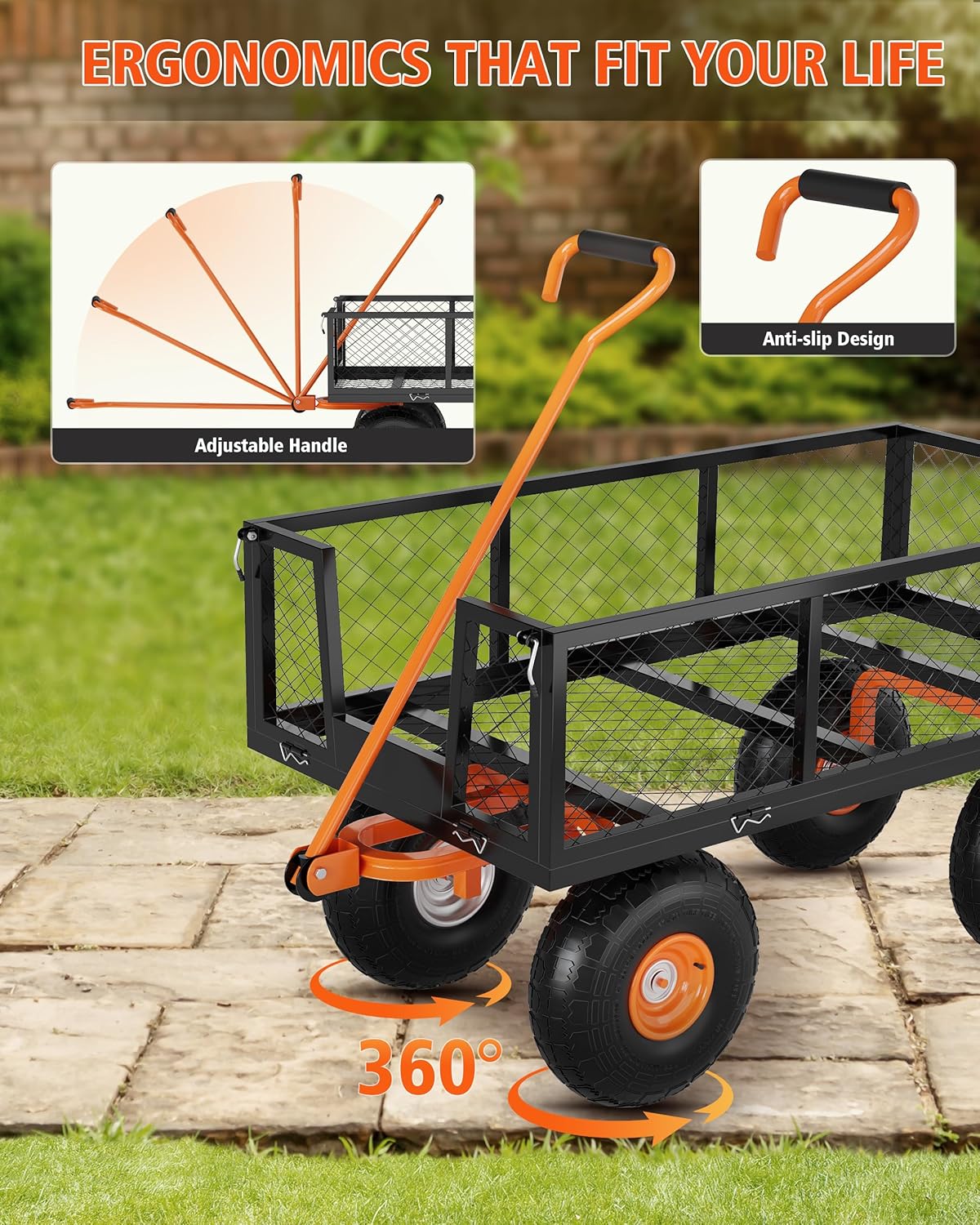 Heavy Duty Steel Garden Cart, 900 LBS Capacity 3 in 1 Pullable Garden Wagon with 10" Wheels, for Gardening Soil, Tools, and Plant Transport