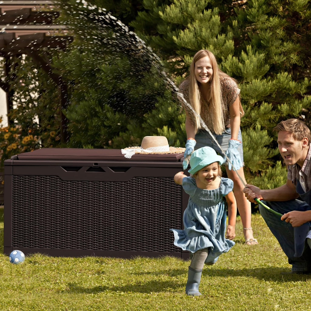 Greesum 100 Gallon Resin Deck Box Large Outdoor Storage Boxes with Cushions for Garden Tools, Patio Furniture Pillows, Pool Supplies, Dark Brown