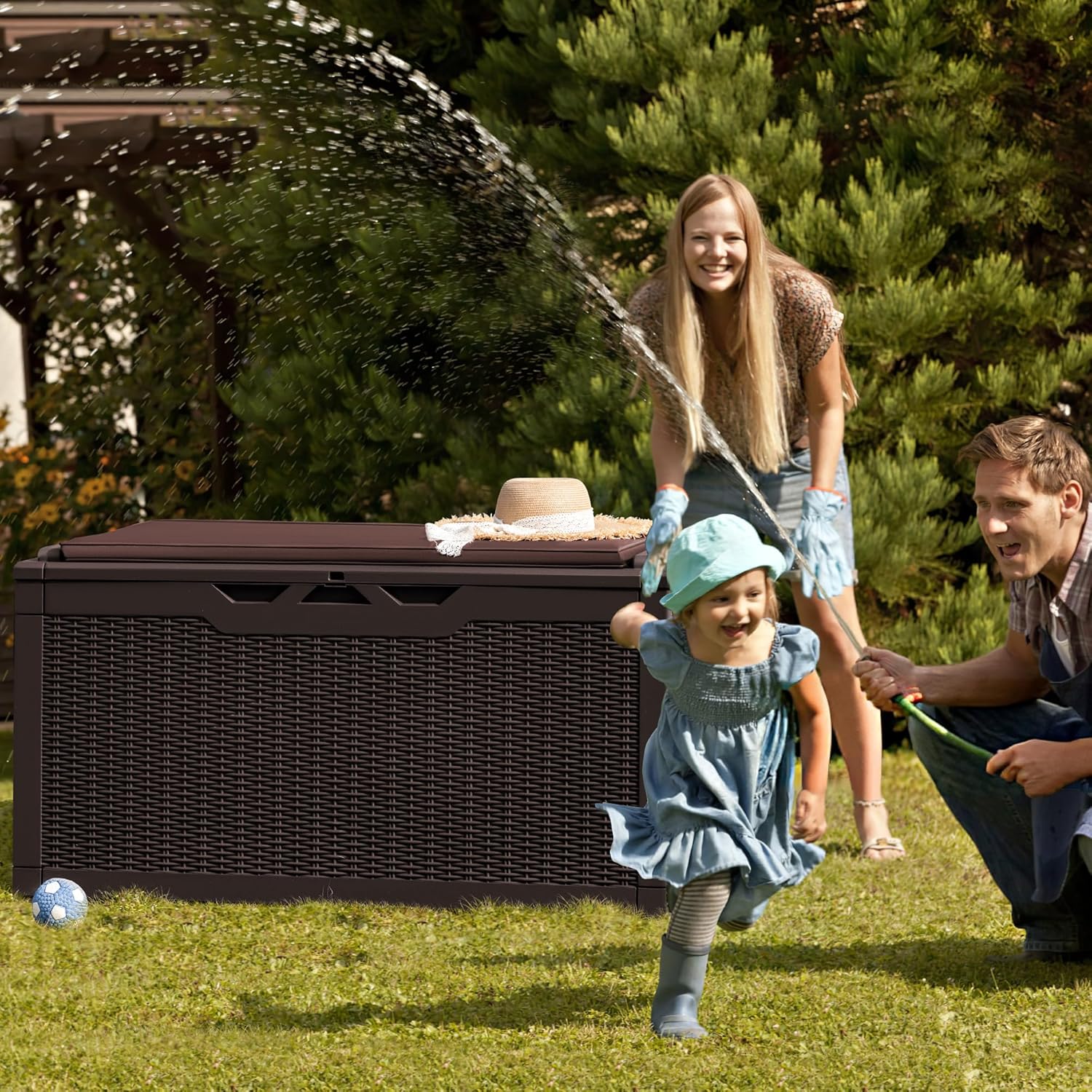 Greesum 100 Gallon Resin Deck Box Large Outdoor Storage Boxes with Cushions for Garden Tools, Patio Furniture Pillows, Pool Supplies, Dark Brown