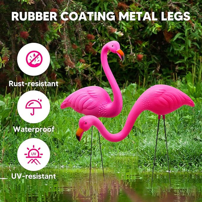 JOYIN Set of 2 Small Pink Flamingo Yard Ornament Stakes Mini Lawn Plastic Flamingo Statue with Metal Legs for Sidewalks, Outdoor Garden Decoration, Luau Party, Beach, Tropical Party Decor, 2 Styles