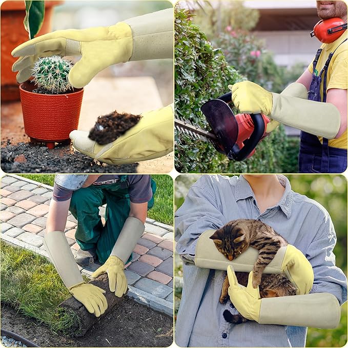 HANDLANDY Rose Pruning Gardening Gloves for Men Women, Thorn Proof Forearm Protection Leather Garden Gloves, Gardening Gifts for Gardeners (Beige- goatskin, Medium (Pack of 1))