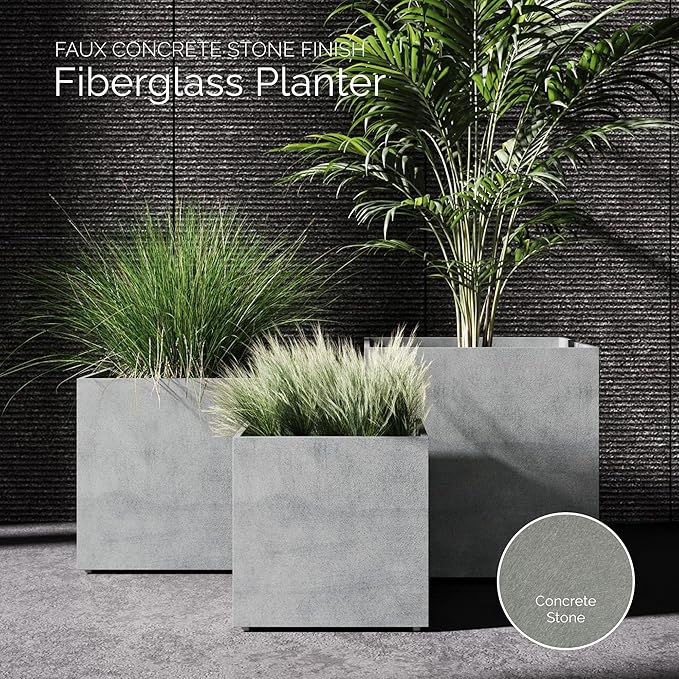 Reglito Cube Planter – Fiberglass Indoor/Outdoor and Weather-Resistant Large Planter (Concrete Stone, 19.7" L x 19.7" W x 20.3" H)
